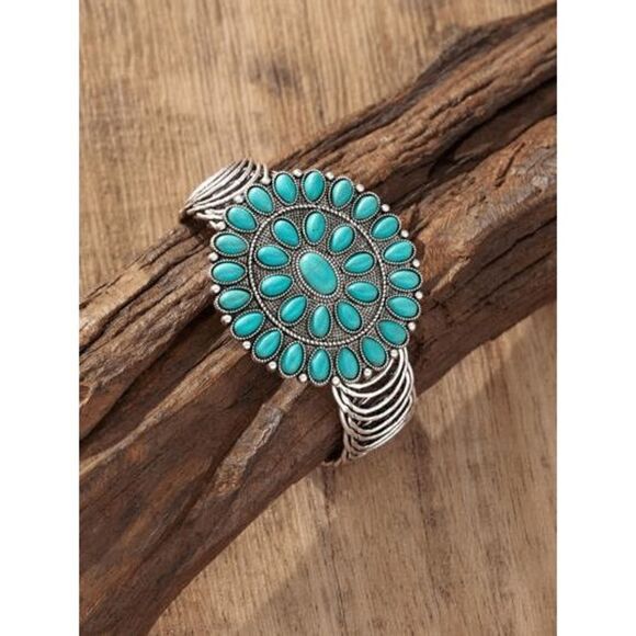 Western Squash Blossom Flower Turquoise Silver Bracelet - Picture 1 of 3